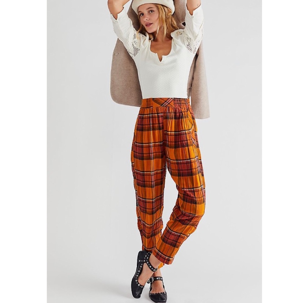 FREE PEOPLE Preppy Plaid Pull-On Pants (Butterscotch Combo, XS) - NWT